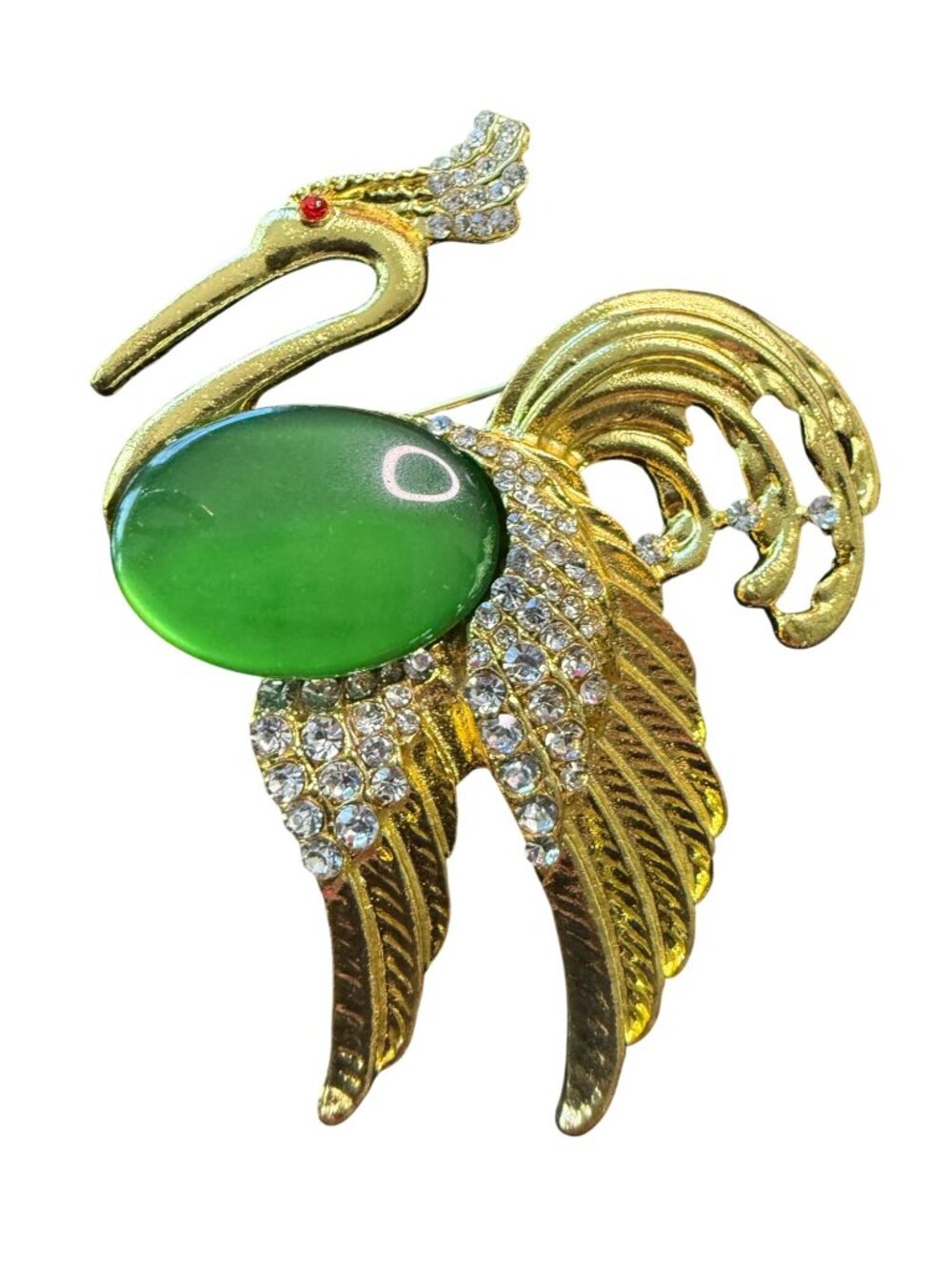 Gold-Tone Crane Brooch With Green Stone & Rhinestones Vintage Style Pin